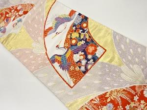 地紙に鶴・鴛鴦・花葉模様織出し袋帯